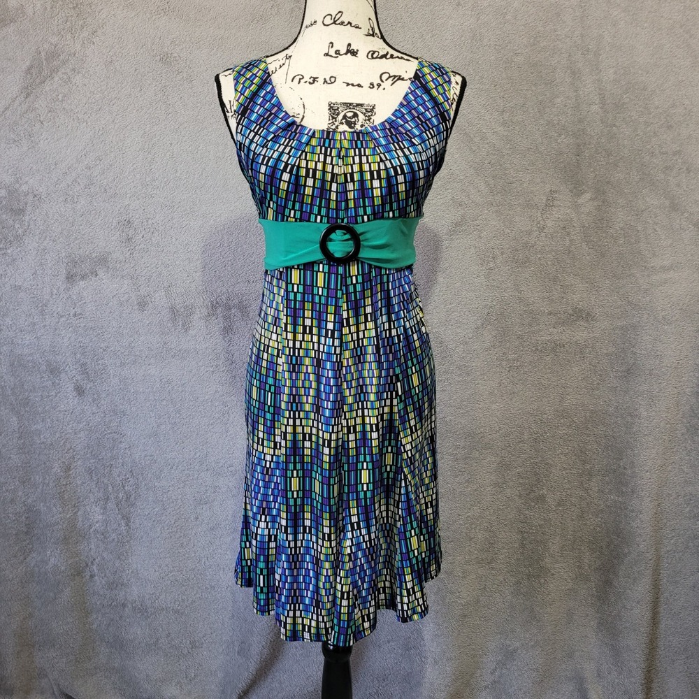 Vintage Y2K Perceptions‎ blue geometric print dress babydoll empire waist bright